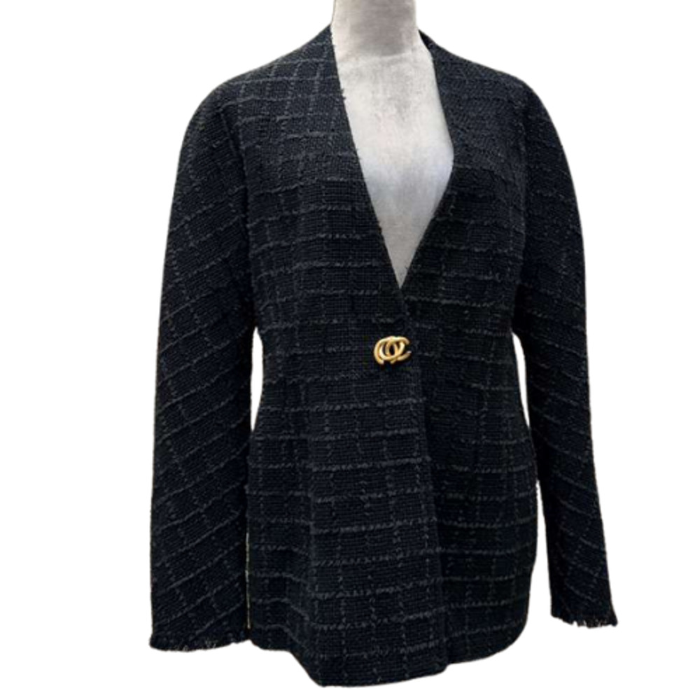 Tory Burch Slim Tweed Jacket Black Gold Logo Button Size 12 New With Tags - Picture 2 of 13